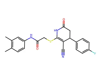 2-((3-cyano-4-(4-fluorophenyl)-6-oxo-1,4,5,6-tetrahydropyridin-2-yl)thio)-N-(3,4-dimethylphenyl)acetamide structure