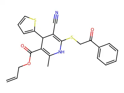 prop-2-en-1-yl 5-cyano-2-methyl-6-[(2-oxo-2-phenylethyl)sulfanyl]-4-(thiophen-2-yl)-1,4-dihydropyridine-3-carboxylate structure