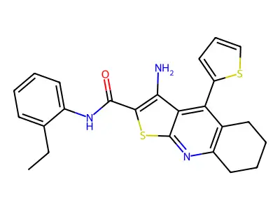 3-amino-N-(2-ethylphenyl)-4-(thiophen-2-yl)-5,6,7,8-tetrahydrothieno[2,3-b]quinoline-2-carboxamide structure