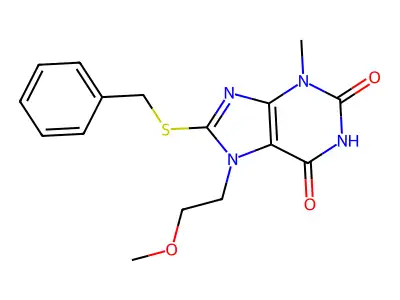 8-(benzylthio)-7-(2-methoxyethyl)-3-methyl-1H-purine-2,6(3H,7H)-dione structure