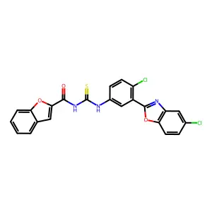 N-[[4-chloro-3-(5-chloro-1,3-benzoxazol-2-yl)phenyl]carbamothioyl]-1-benzofuran-2-carboxamide structure
