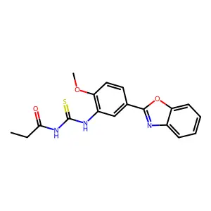 N-[[5-(1,3-benzoxazol-2-yl)-2-methoxyphenyl]carbamothioyl]propanamide structure