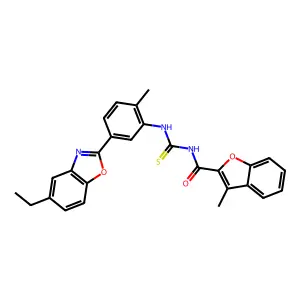 N-[[5-(5-ethyl-1,3-benzoxazol-2-yl)-2-methylphenyl]carbamothioyl]-3-methyl-1-benzofuran-2-carboxamide structure