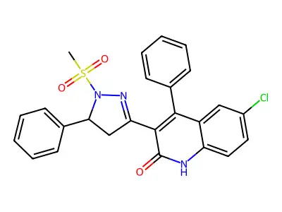 6-chloro-3-(1-(methylsulfonyl)-5-phenyl-4,5-dihydro-1H-pyrazol-3-yl)-4-phenylquinolin-2(1H)-one structure