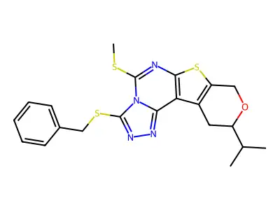 3-(benzylthio)-10-isopropyl-5-(methylthio)-10,11-dihydro-8H-pyrano[4',3':4,5]thieno[3,2-e][1,2,4]triazolo[4,3-c]pyrimidine structure