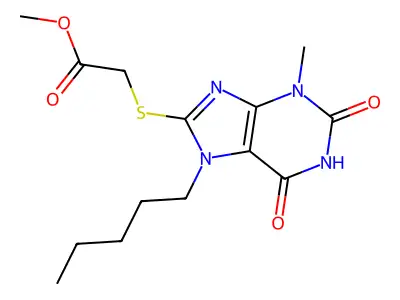 Methyl 2-(3-methyl-2,6-dioxo-7-pentylpurin-8-yl)sulfanylacetate structure