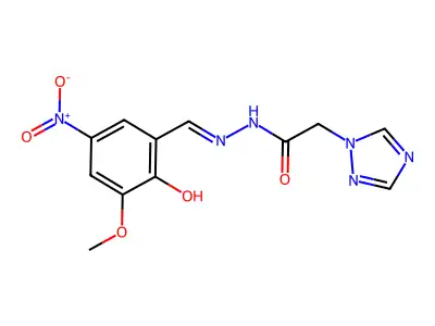 N'-[(5-methoxy-3-nitro-6-oxo-1-cyclohexa-2,4-dienylidene)methyl]-2-(1,2,4-triazol-1-yl)acetohydrazide structure