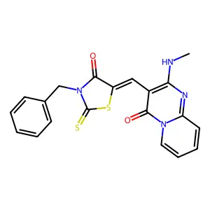 3-[(Z)-(3-benzyl-4-oxo-2-thioxo-1,3-thiazolidin-5-ylidene)methyl]-2-(methylamino)-4H-pyrido[1,2-a]pyrimidin-4-one structure