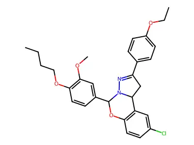5-(4-butoxy-3-methoxyphenyl)-9-chloro-2-(4-ethoxyphenyl)-1,10b-dihydropyrazolo[1,5-c][1,3]benzoxazine structure