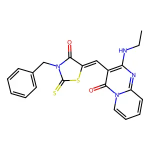 3-[(Z)-(3-benzyl-4-oxo-2-thioxo-1,3-thiazolidin-5-ylidene)methyl]-2-(ethylamino)-4H-pyrido[1,2-a]pyrimidin-4-one structure