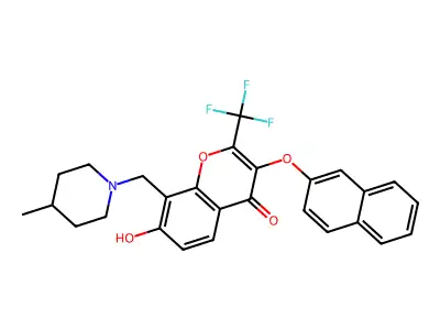 7-hydroxy-8-[(4-methyl-1-piperidinyl)methyl]-3-(2-naphthyloxy)-2-(trifluoromethyl)-4H-chromen-4-one structure
