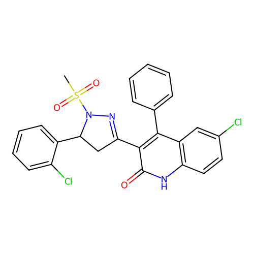 6-chloro-3-(5-(2-chlorophenyl)-1-(methylsulfonyl)-4,5-dihydro-1H-pyrazol-3-yl)-4-phenylquinolin-2(1H)-one structure