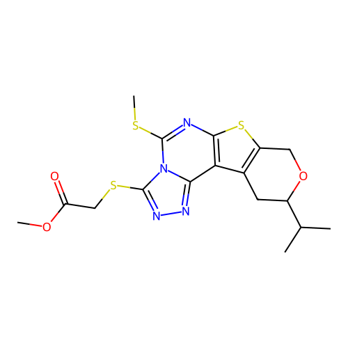methyl {[5-(methylsulfanyl)-10-(propan-2-yl)-10,11-dihydro-8H-pyrano[4',3':4,5]thieno[3,2-e][1,2,4]triazolo[4,3-c]pyrimidin-3-yl]sulfanyl}acetate structure