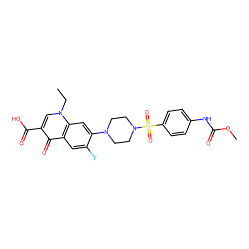 1-ethyl-6-fluoro-7-(4-((4-((methoxycarbonyl)amino)phenyl)sulfonyl)piperazin-1-yl)-4-oxo-1,4-dihydroquinoline-3-carboxylic acid structure