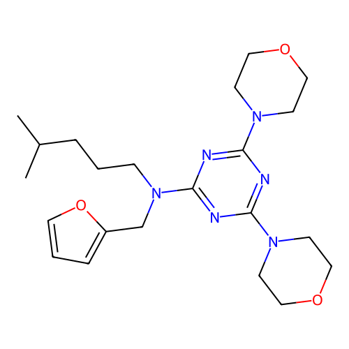 N-(furan-2-ylmethyl)-N-(4-methylpentyl)-4,6-di(morpholin-4-yl)-1,3,5-triazin-2-amine structure