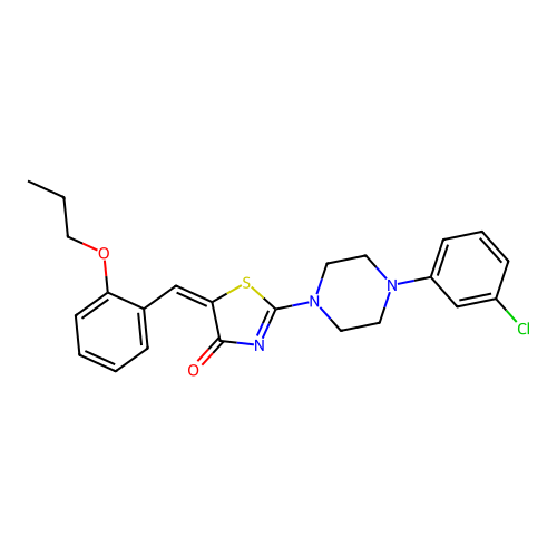 (E)-2-(4-(3-chlorophenyl)piperazin-1-yl)-5-(2-propoxybenzylidene)thiazol-4(5H)-one structure