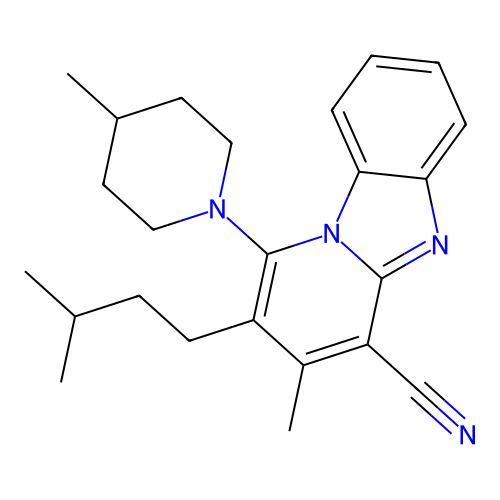 3-methyl-2-(3-methylbutyl)-1-(4-methylpiperidin-1-yl)pyrido[1,2-a]benzimidazole-4-carbonitrile structure