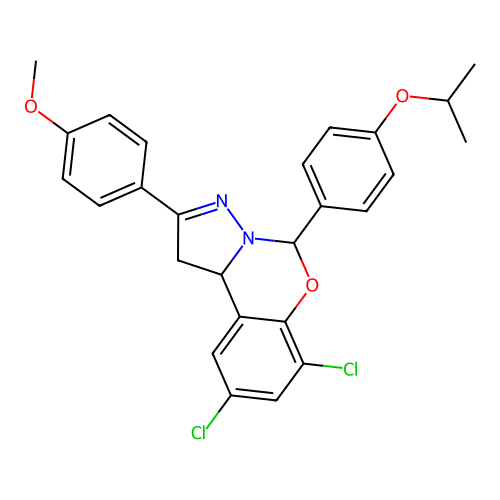 1-[2,4-dichloro-9-(4-methoxyphenyl)(6H,10aH-benzo[e]2-pyrazolino[1,5-c]1,3-oxa zin-6-yl)]-4-(methylethoxy)benzene structure