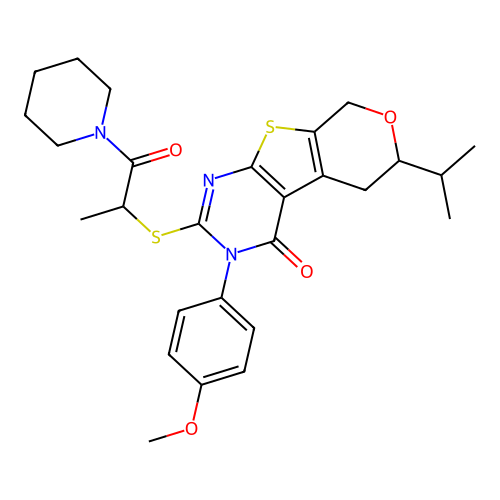 3-(4-methoxyphenyl)-2-{[1-oxo-1-(piperidin-1-yl)propan-2-yl]sulfanyl}-6-(propan-2-yl)-3,5,6,8-tetrahydro-4H-pyrano[4',3':4,5]thieno[2,3-d]pyrimidin-4-one structure