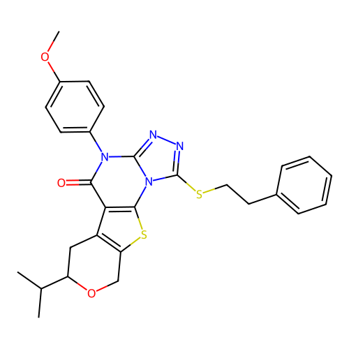 4-(4-methoxyphenyl)-1-[(2-phenylethyl)sulfanyl]-7-(propan-2-yl)-6,9-dihydro-7H-pyrano[4',3':4,5]thieno[3,2-e][1,2,4]triazolo[4,3-a]pyrimidin-5(4H)-one structure