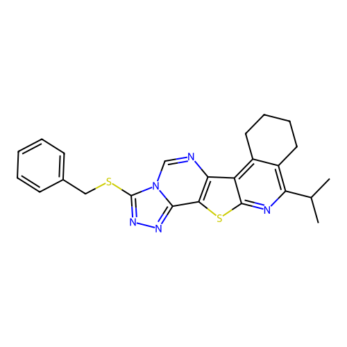3-(benzylsulfanyl)-11-(propan-2-yl)-7,8,9,10-tetrahydro[1,2,4]triazolo[4'',3'':1',6']pyrimido[4',5':4,5]thieno[2,3-c]isoquinoline structure