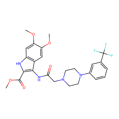 methyl 5,6-dimethoxy-3-(2-(4-(3-(trifluoromethyl)phenyl)piperazin-1-yl)acetamido)-1H-indole-2-carboxylate structure