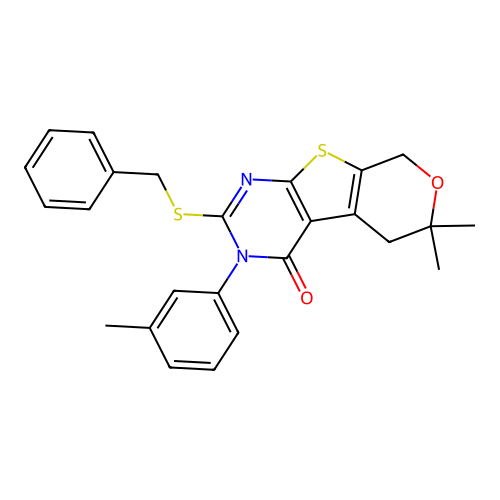 2-(benzylsulfanyl)-6,6-dimethyl-3-(3-methylphenyl)-3,5,6,8-tetrahydro-4H-pyrano[4',3':4,5]thieno[2,3-d]pyrimidin-4-one structure