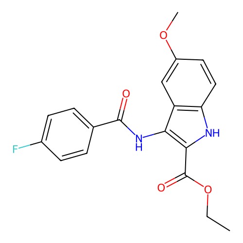 ethyl 3-{[(4-fluorophenyl)carbonyl]amino}-5-methoxy-1H-indole-2-carboxylate structure