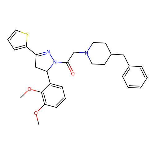 2-(4-benzylpiperidin-1-yl)-1-(5-(2,3-dimethoxyphenyl)-3-(thiophen-2-yl)-4,5-dihydro-1H-pyrazol-1-yl)ethanone structure