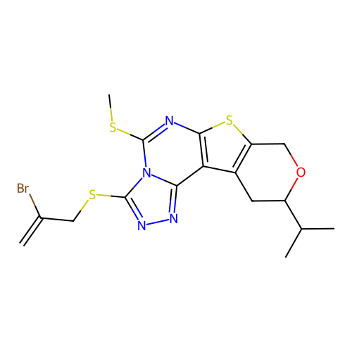 3-((2-bromoallyl)thio)-10-isopropyl-5-(methylthio)-10,11-dihydro-8H-pyrano[4',3':4,5]thieno[3,2-e][1,2,4]triazolo[4,3-c]pyrimidine structure