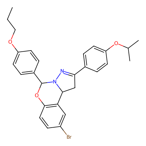 9-bromo-2-(4-isopropoxyphenyl)-5-(4-propoxyphenyl)-5,10b-dihydro-1H-benzo[e]pyrazolo[1,5-c][1,3]oxazine structure