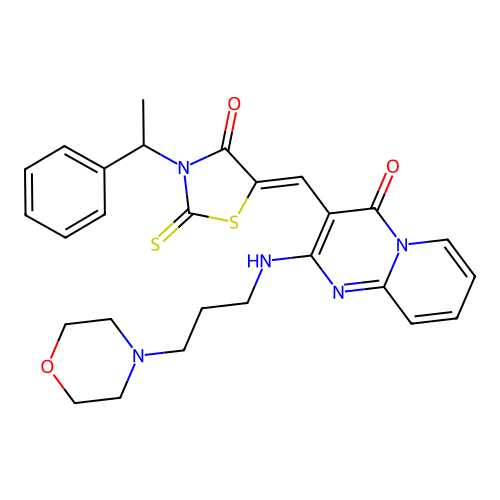 2-{[3-(morpholin-4-yl)propyl]amino}-3-{(Z)-[4-oxo-3-(1-phenylethyl)-2-thioxo-1,3-thiazolidin-5-ylidene]methyl}-4H-pyrido[1,2-a]pyrimidin-4-one structure