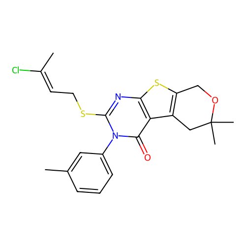 (E)-2-((3-chlorobut-2-en-1-yl)thio)-6,6-dimethyl-3-(m-tolyl)-5,6-dihydro-3H-pyrano[4',3':4,5]thieno[2,3-d]pyrimidin-4(8H)-one structure