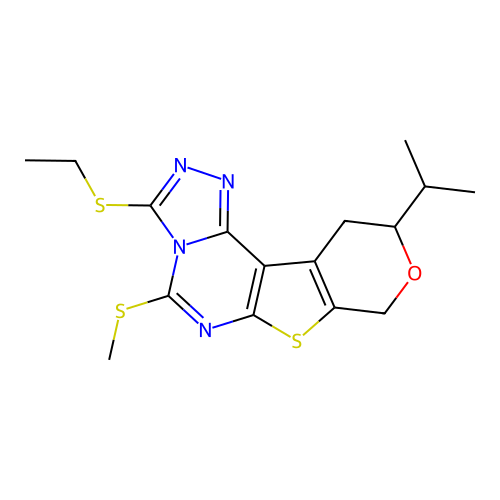 3-(ethylsulfanyl)-5-(methylsulfanyl)-10-(propan-2-yl)-10,11-dihydro-8H-pyrano[4',3':4,5]thieno[3,2-e][1,2,4]triazolo[4,3-c]pyrimidine structure