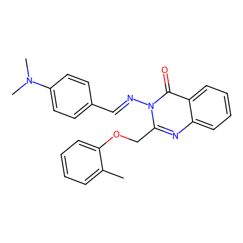 (E)-3-((4-(dimethylamino)benzylidene)amino)-2-((o-tolyloxy)methyl)quinazolin-4(3H)-one structure