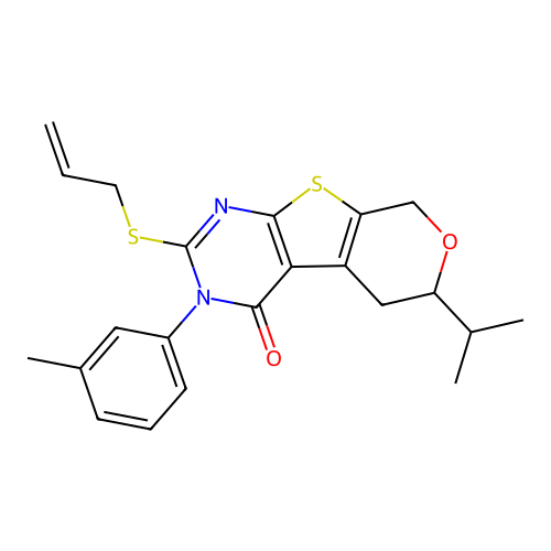 2-(allylthio)-6-isopropyl-3-(m-tolyl)-5,6-dihydro-3H-pyrano[4',3':4,5]thieno[2,3-d]pyrimidin-4(8H)-one structure