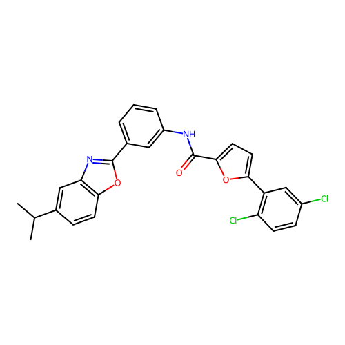 5-(2,5-dichlorophenyl)-N-{3-[5-(propan-2-yl)-1,3-benzoxazol-2-yl]phenyl}furan-2-carboxamide structure
