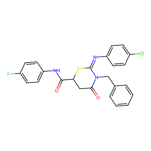 (2Z)-3-benzyl-2-[(4-chlorophenyl)imino]-N-(4-fluorophenyl)-4-oxo-1,3-thiazinane-6-carboxamide structure
