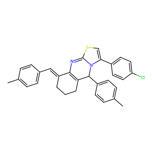 (E)-3-(4-chlorophenyl)-9-(4-methylbenzylidene)-5-(p-tolyl)-6,7,8,9-tetrahydro-5H-thiazolo[2,3-b]quinazoline structure