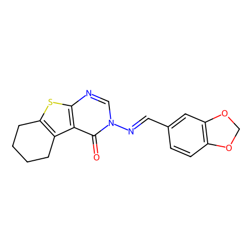 3-[(E)-1,3-benzodioxol-5-ylmethylideneamino]-5,6,7,8-tetrahydro-[1]benzothiolo[2,3-d]pyrimidin-4-one structure