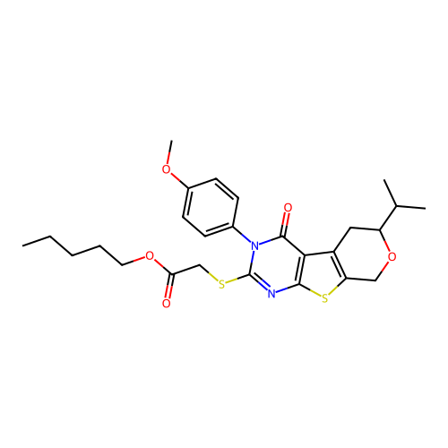 pentyl {[3-(4-methoxyphenyl)-4-oxo-6-(propan-2-yl)-3,5,6,8-tetrahydro-4H-pyrano[4',3':4,5]thieno[2,3-d]pyrimidin-2-yl]sulfanyl}acetate structure