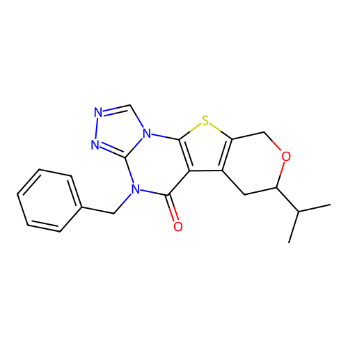 4-benzyl-7-(propan-2-yl)-6,9-dihydro-7H-pyrano[4',3':4,5]thieno[3,2-e][1,2,4]triazolo[4,3-a]pyrimidin-5(4H)-one structure