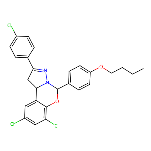 5-(4-butoxyphenyl)-7,9-dichloro-2-(4-chlorophenyl)-1,10b-dihydropyrazolo[1,5-c][1,3]benzoxazine structure