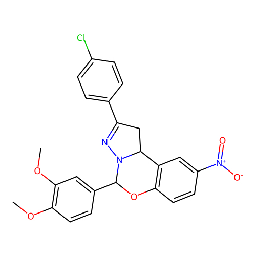 2-(4-chlorophenyl)-5-(3,4-dimethoxyphenyl)-9-nitro-1,10b-dihydropyrazolo[1,5-c][1,3]benzoxazine structure