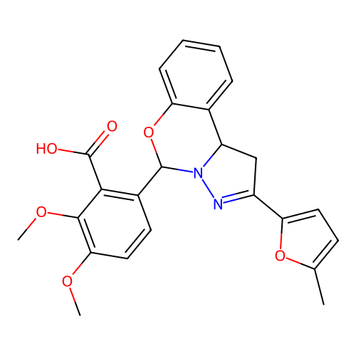 2,3-dimethoxy-6-[2-(5-methylfuran-2-yl)-1,10b-dihydropyrazolo[1,5-c][1,3]benzoxazin-5-yl]benzoic acid structure