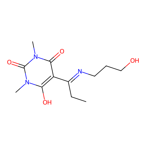 5-{1-[(3-hydroxypropyl)amino]propylidene}-1,3-dimethylpyrimidine-2,4,6(1H,3H,5H)-trione structure