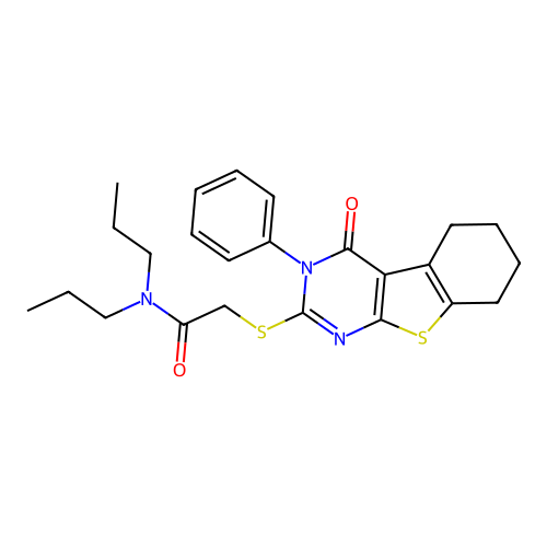 2-((4-oxo-3-phenyl-3,4,5,6,7,8-hexahydrobenzo[4,5]thieno[2,3-d]pyrimidin-2-yl)thio)-N,N-dipropylacetamide structure