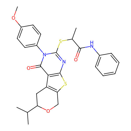 2-((6-isopropyl-3-(4-methoxyphenyl)-4-oxo-4,5,6,8-tetrahydro-3H-pyrano[4',3':4,5]thieno[2,3-d]pyrimidin-2-yl)thio)-N-phenylpropanamide structure
