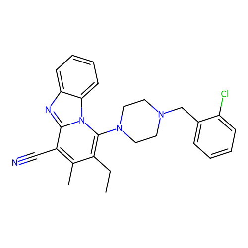 1-[4-(2-chlorobenzyl)piperazin-1-yl]-2-ethyl-3-methylpyrido[1,2-a]benzimidazole-4-carbonitrile structure