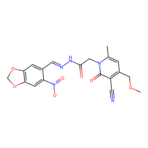 (E)-2-(3-cyano-4-(methoxymethyl)-6-methyl-2-oxopyridin-1(2H)-yl)-N'-((6-nitrobenzo[d][1,3]dioxol-5-yl)methylene)acetohydrazide structure